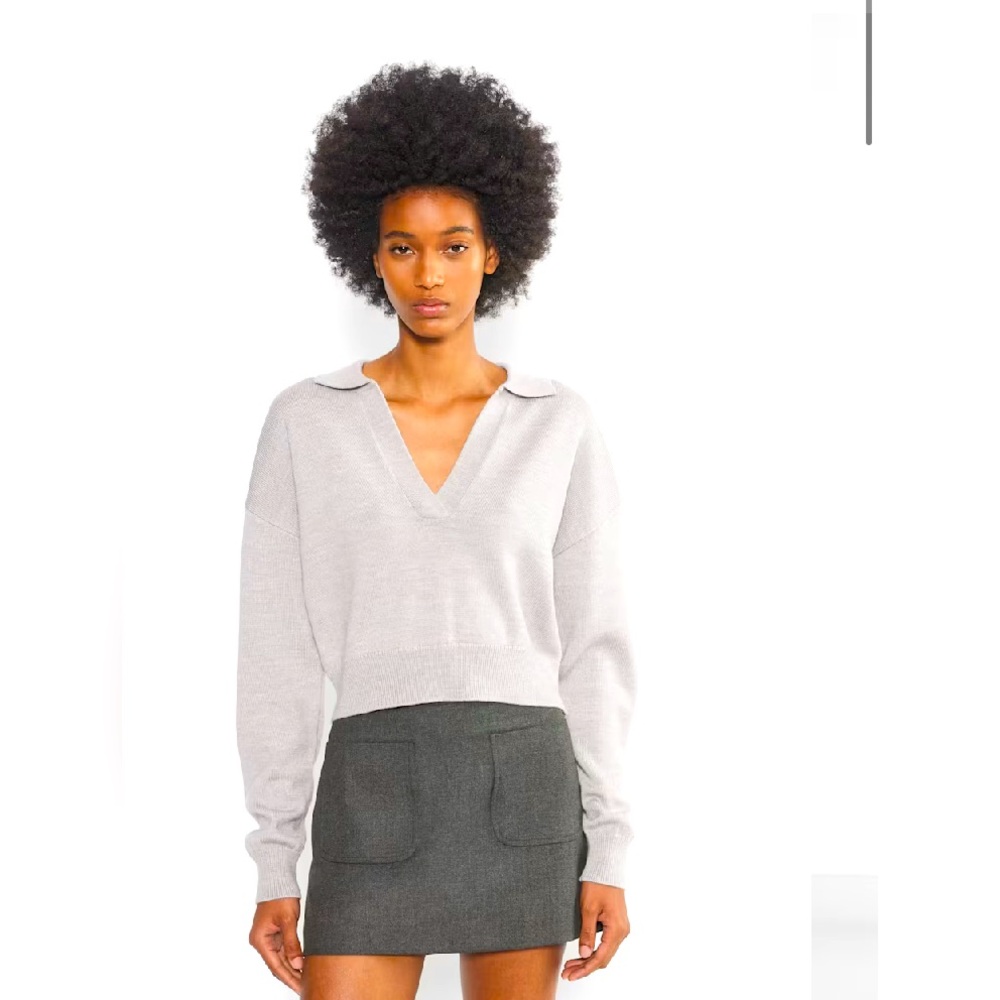 Wilfred Clara Merino Wool Polo Neck Cropped Waist Sweater Light Grey 2XS NWOT